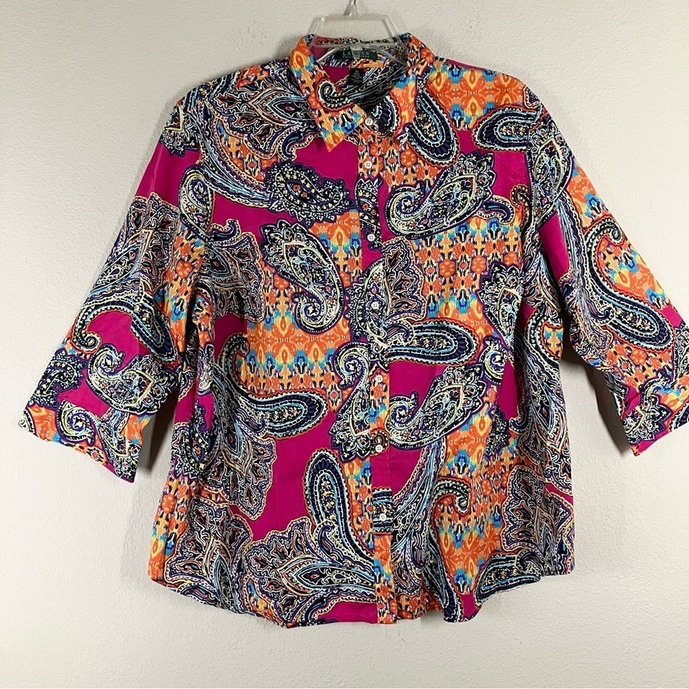 LAUREN RL Cotton Button Up Shirt 3X Bold Paisley Aztec Colorful Preppy Heritage